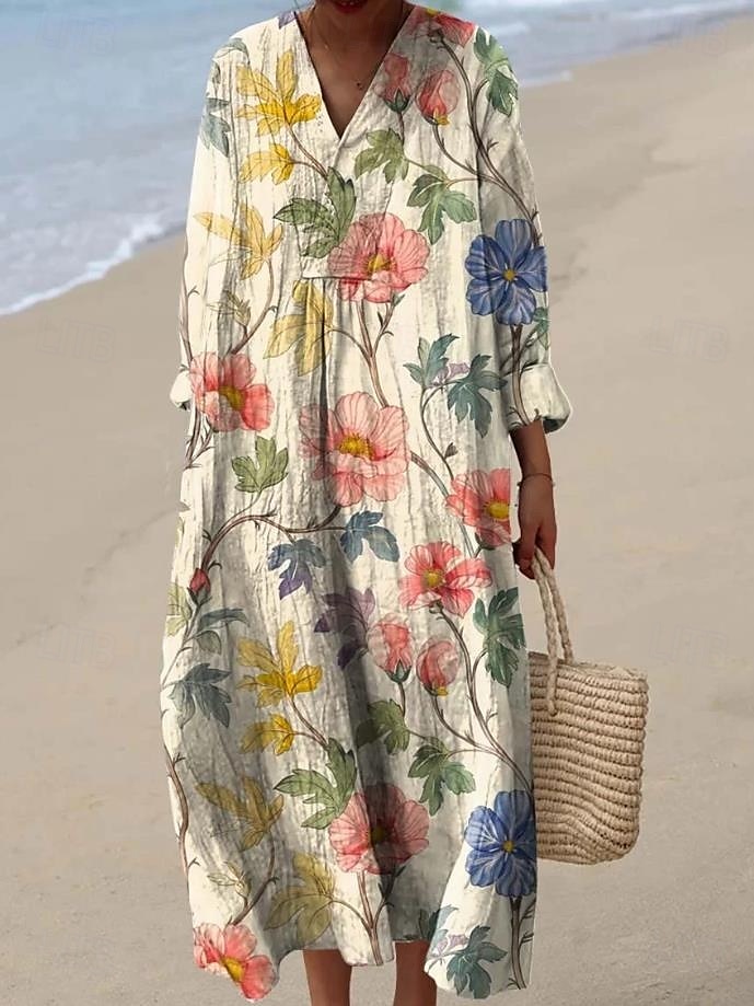 Women's Midi Dress Sundress A Line Dress Vacation Casual Boho Party Going out Beach Floral Graphic Long Sleeve V Neck Gray Green Dark Pink off-white Pink / White Summer Spring 2025 - $35.99 –P3