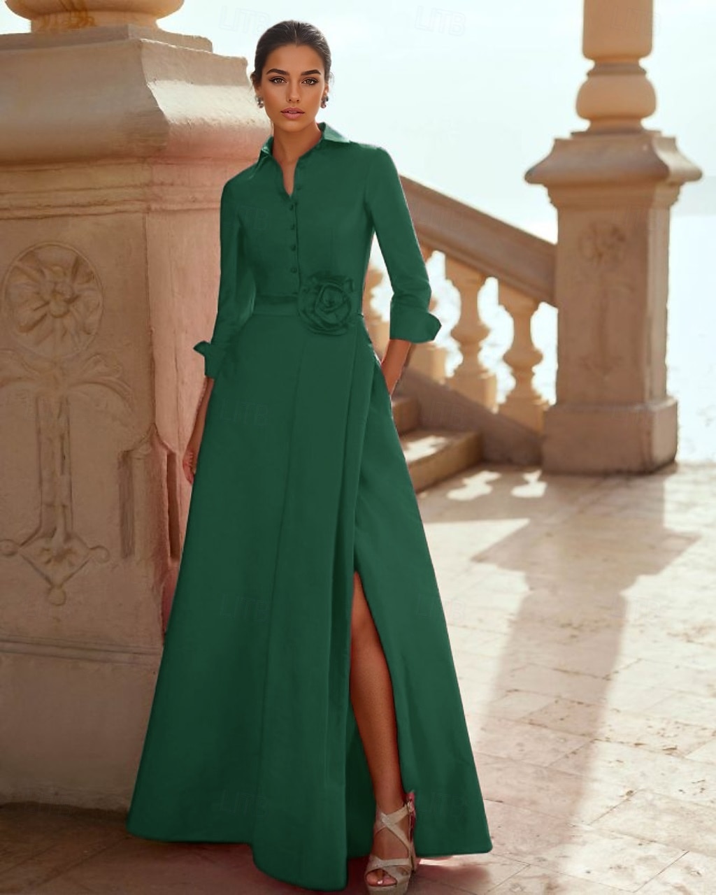 A-linje Aftonklänning Elegant Klänning Formell Bröllop Golvlängd 3/4 Längd Ärmar Skjortkrage Ficka Taffeta med Slits 2025 - $137.99 –P4