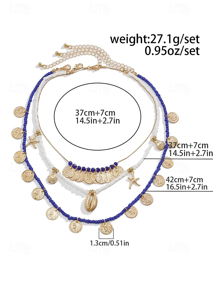 Gold and Blue Beaded Shell and Coin Charm Necklace Set for Women – Beach Boho Style Layered Necklaces with Starfish and Shell Accents for Summer and Vacation 2025 - $11.99 –P7