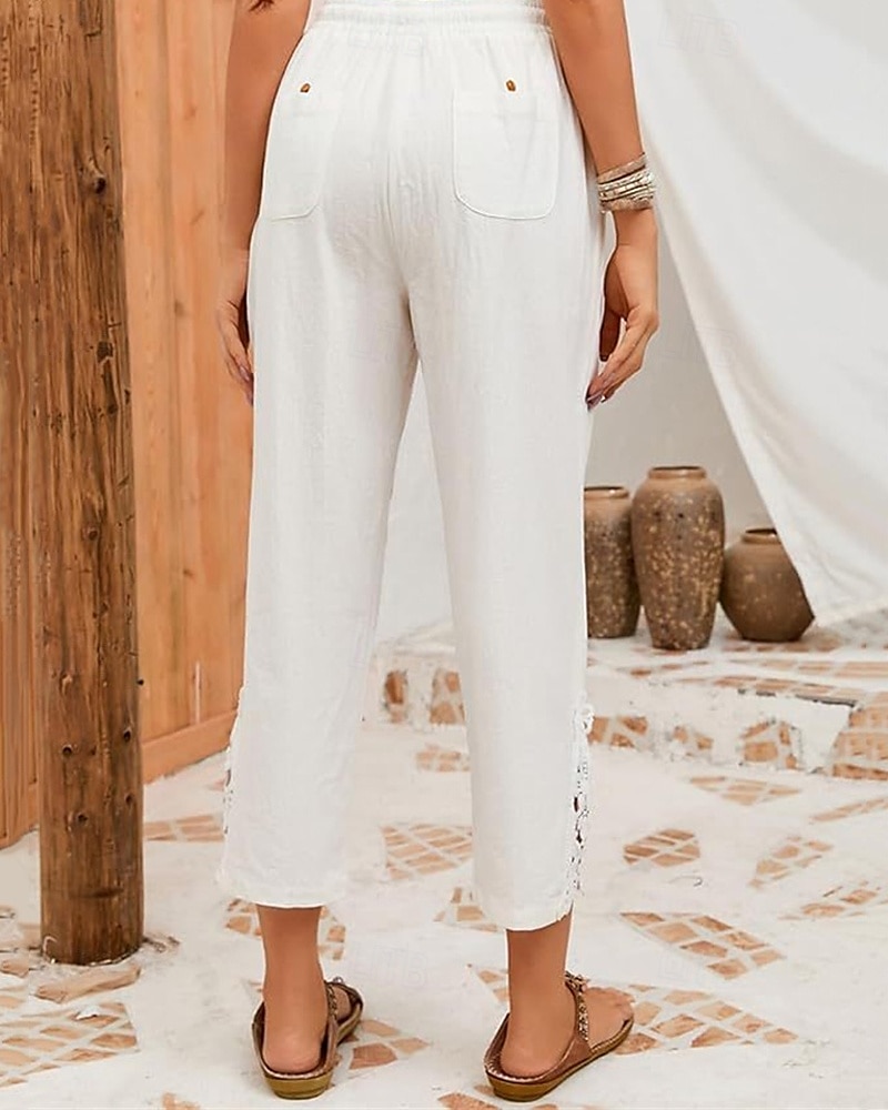 Women's Poly-Cotton Linen Texture Pants Cropped Pants Fashion Streetwear Comfort Ankle-Length Mid Waist Plain Lace Comfy Comfortable Street Daily Wear Going out Black White Blue Green Summer Regular 2025 - $14.49 –P2