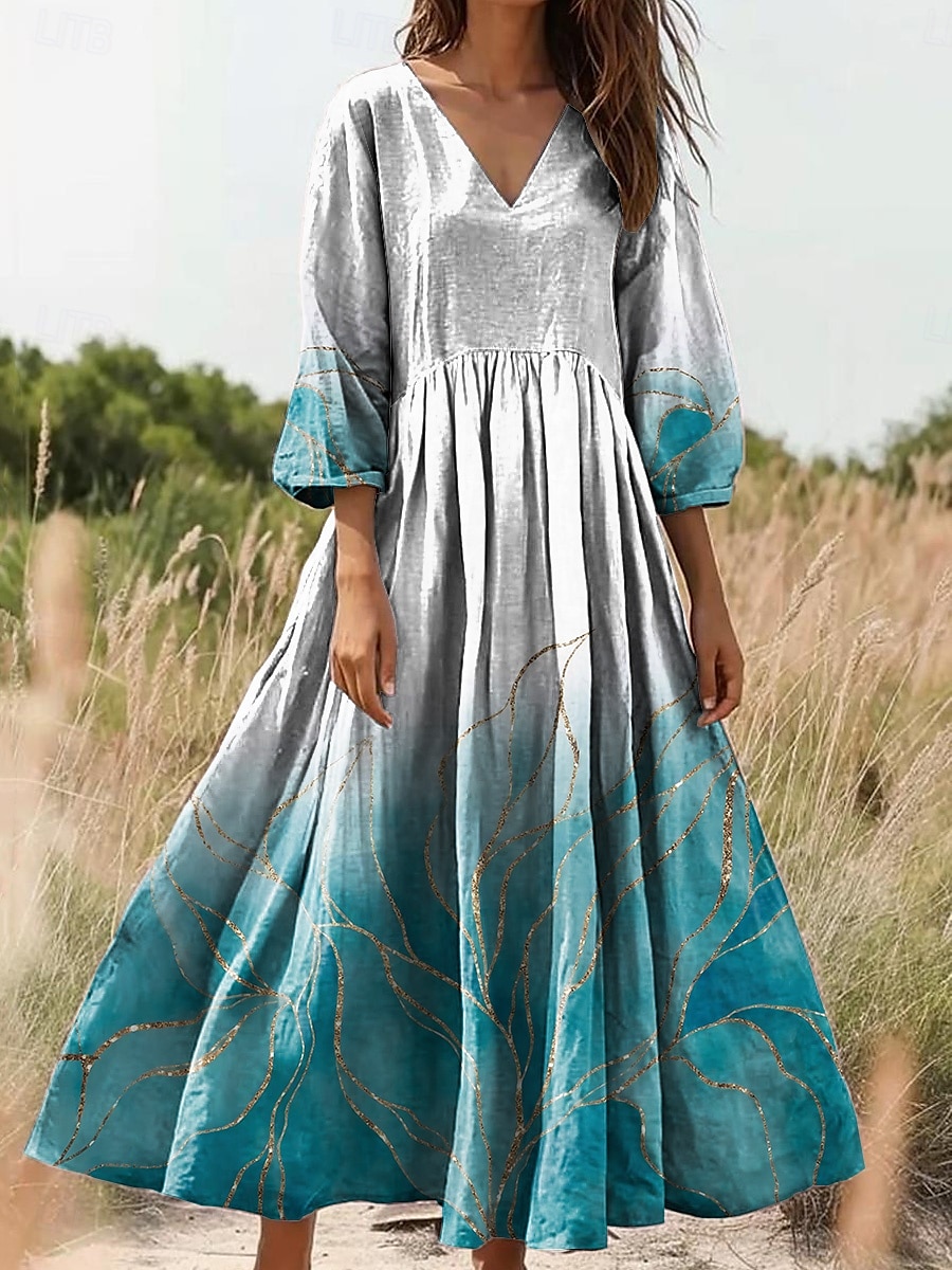 Damen Maxikleid Sommerkleid A Linie Kleid Faltenkleid Urlaub Lässig Boho Ausgehen Lässiger Schnitt Blumen Grafik Dreiviertelarm V Ausschnitt Schwarz Gelb Blau Grün Sommer Frühling 2025 - $35.99 –P4