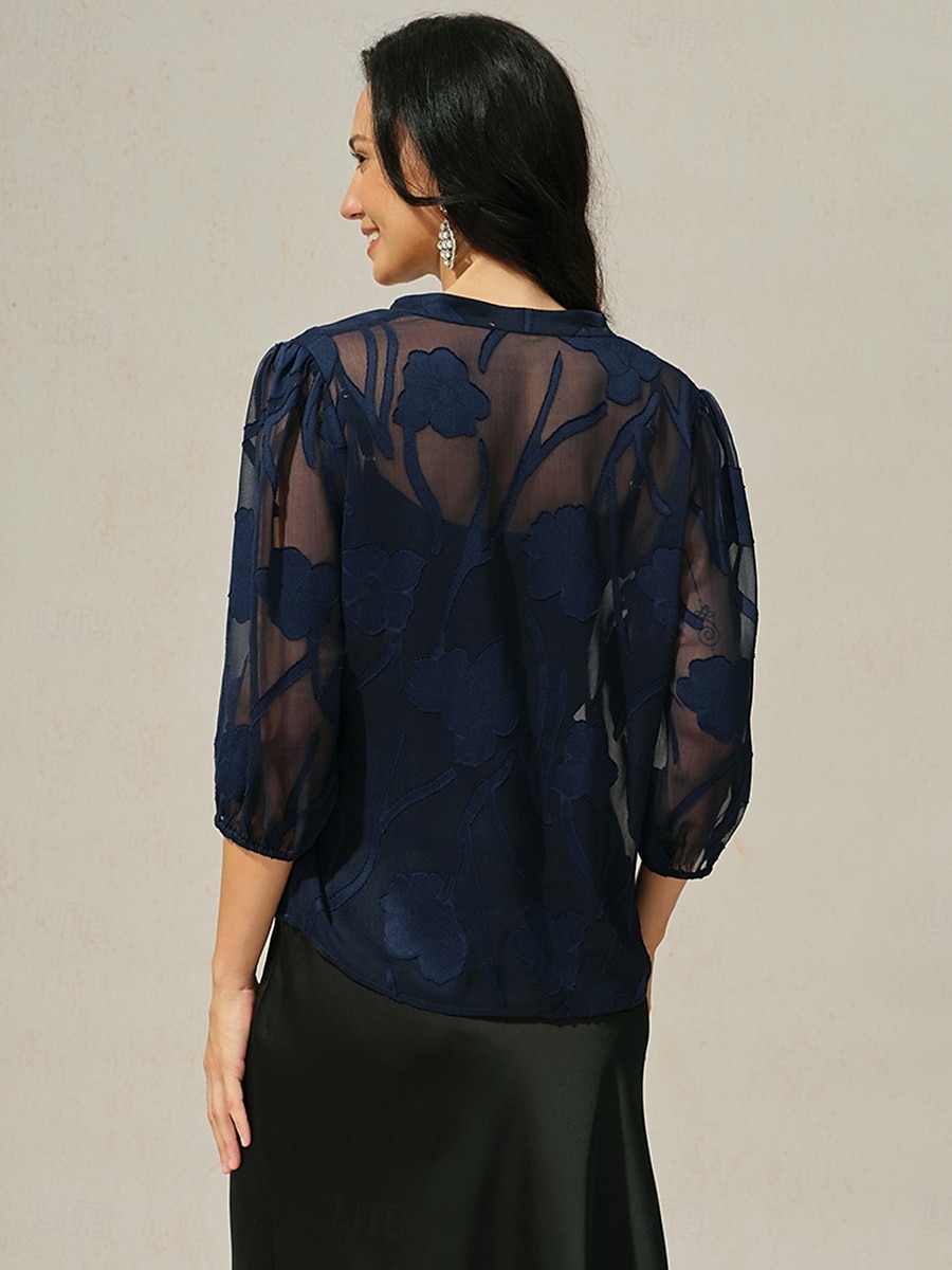 camicetta da donna con bottoni e canotta floreale elegante vintage alla moda mezza manica scollo a V top normali lavoro vacanza per uscire bottoni occhiello blu navy estate primavera autunno del 2025 a $59.99 –P5