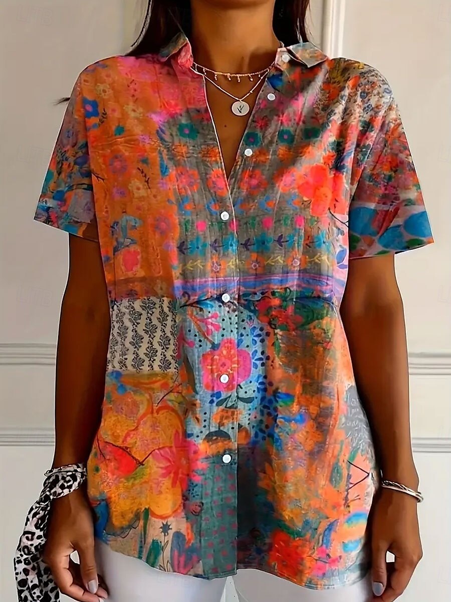 Pentru femei Cămașă Floral Grafic Zilnic Casual Manșon scurt Guler Cămașă Topuri obișnuite Zilnic Roz Îmbujorat Albastru piscină Portocaliu Maro Vară 2025 - $24.99 –P4