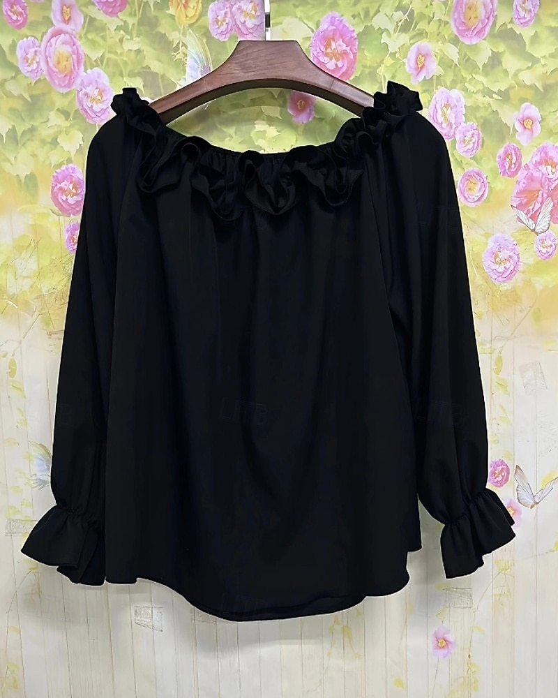 Dam Skjorta Blus Konstbomullslinne Volang Öppen rygg Slät Modern Ledigt Långärmad Över axeln Vanliga toppar Dagligen Helgdag Utekväll Blå Svart Vit Rodnande Rosa Sommar 2026 - $22.99 –P11