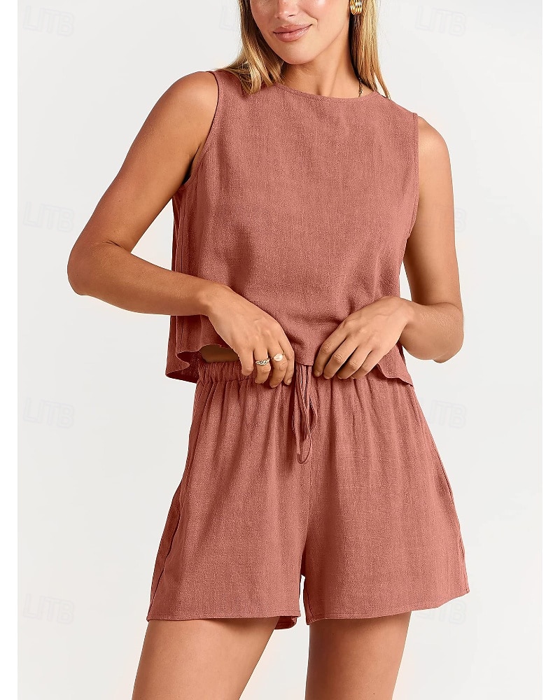 Damen Aktiv Basic Baumwoll-Leinen-Sets Bluse Shorts-Sets Ärmellos Rundhalsausschnitt Einfarbig Kordelzug Ausgehen Wochenende Schwarz Blau Orange Sommer Normale Passform 2025 - NZ $63.49 –P7