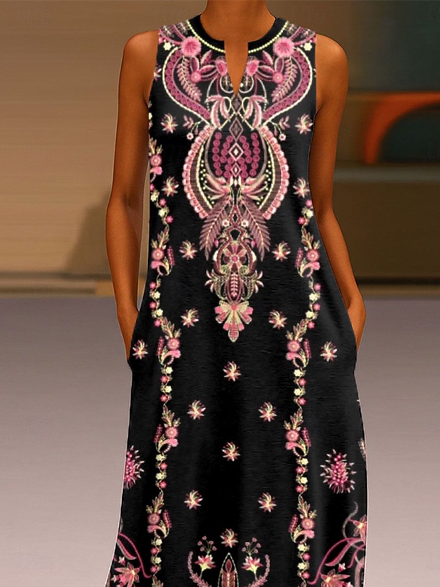 Damen Maxikleid Sommerkleid A Linie Kleid Urlaub Lässig Boho Täglich Ferien Lässiger Schnitt Blumen Grafik Stammes Ärmellos V Ausschnitt Fuchsie Sommer 2025 - $36.99 –P2