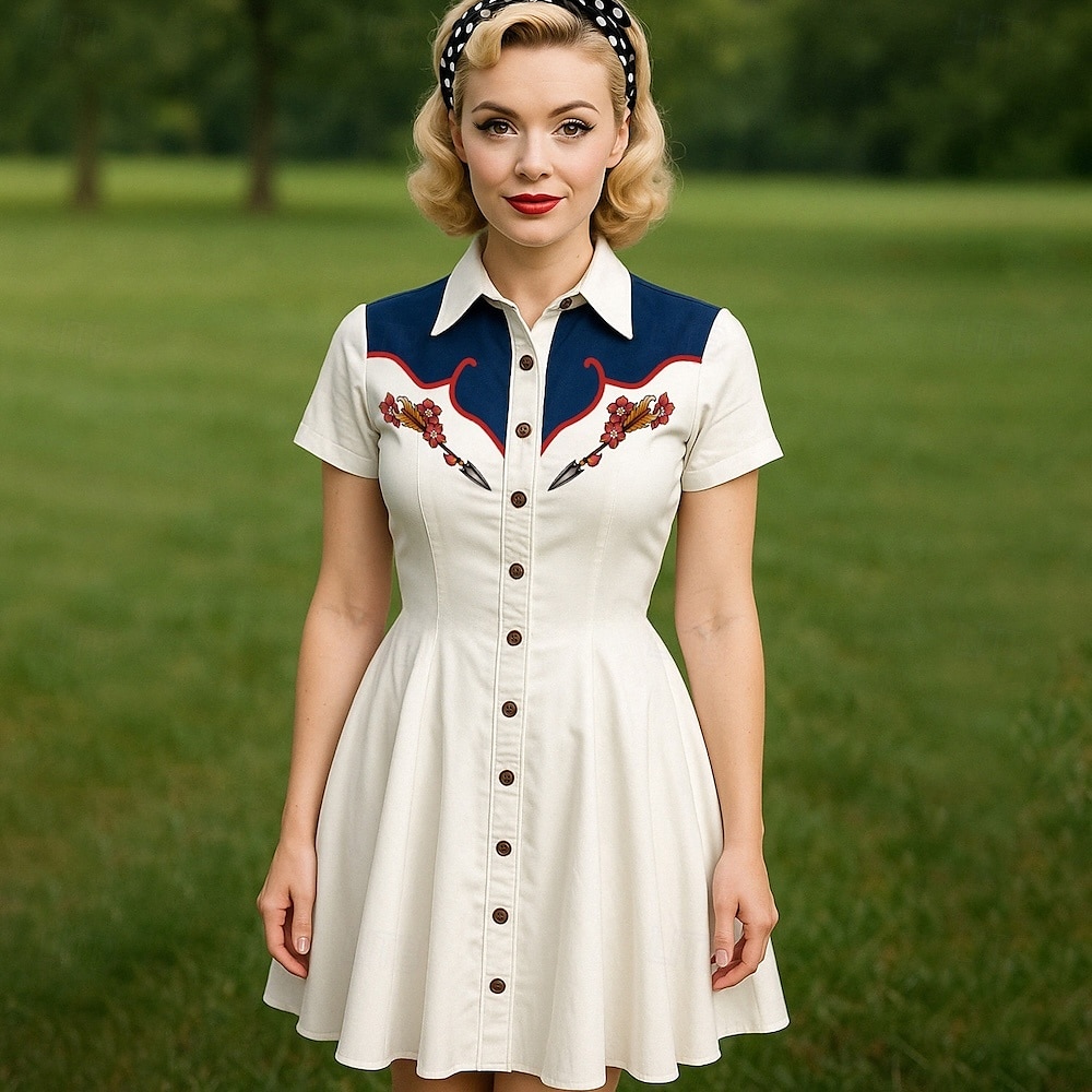 Retro 50. léta Mini Šaty na šaty Košilové šaty Kovbojka Tlačítko dolů 3D tisk Maškarní kostým Dámské Plesová maškaráda Dovolená Ležérní Čajový dýchánek Dospělé Šaty Léto 2025 - $29.99 –P1