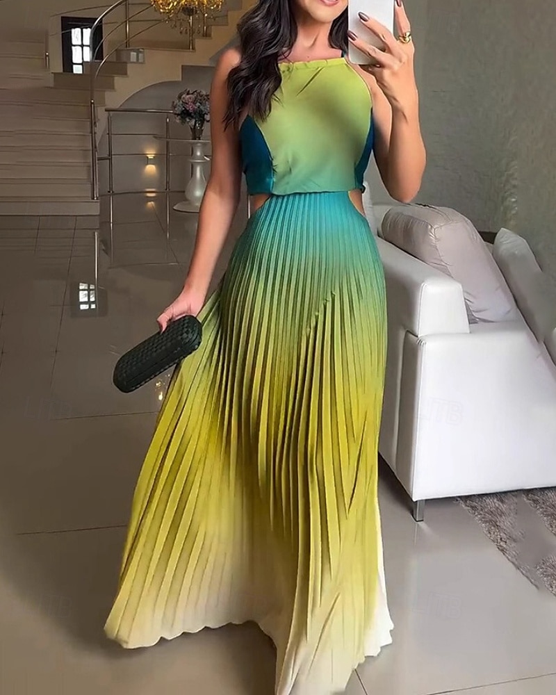 Femmes Robe Longue Maxi Robe Robe froncée Moderne Extérieur Vacances Fête Coupe régulière A Ombre Sans manches Col ras du cou Bleu Orange Vert Été de 2025 ? $25.99 –P1