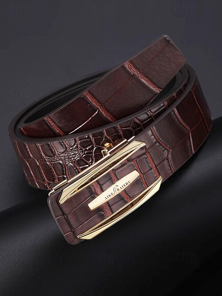 Cintura da uomo in vera pelle con fibbia automatica e cricchetto - classico motivo coccodrillo, stile elegante, adatta per matrimoni, affari e occasioni formali del 2025 a $26.99 –P5