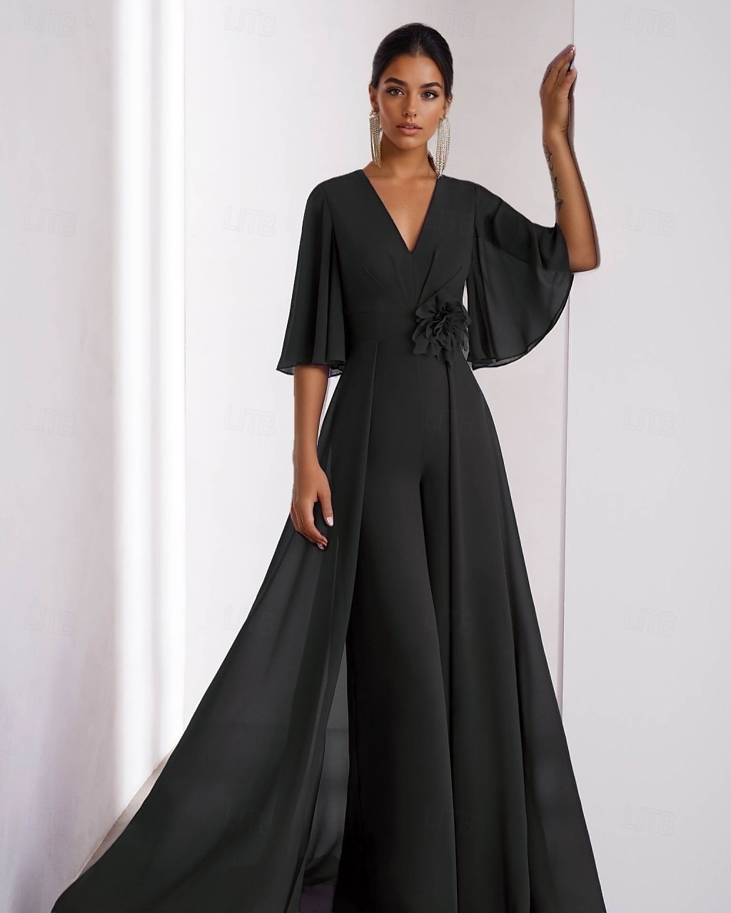 Overal pro matku nevěsty Šaty pro svatební hosty Elegantní vintage V výstřih podlahové délky chiffon s krátkým rukávem s nařasenými volánky 2025 - $134.99 –P5