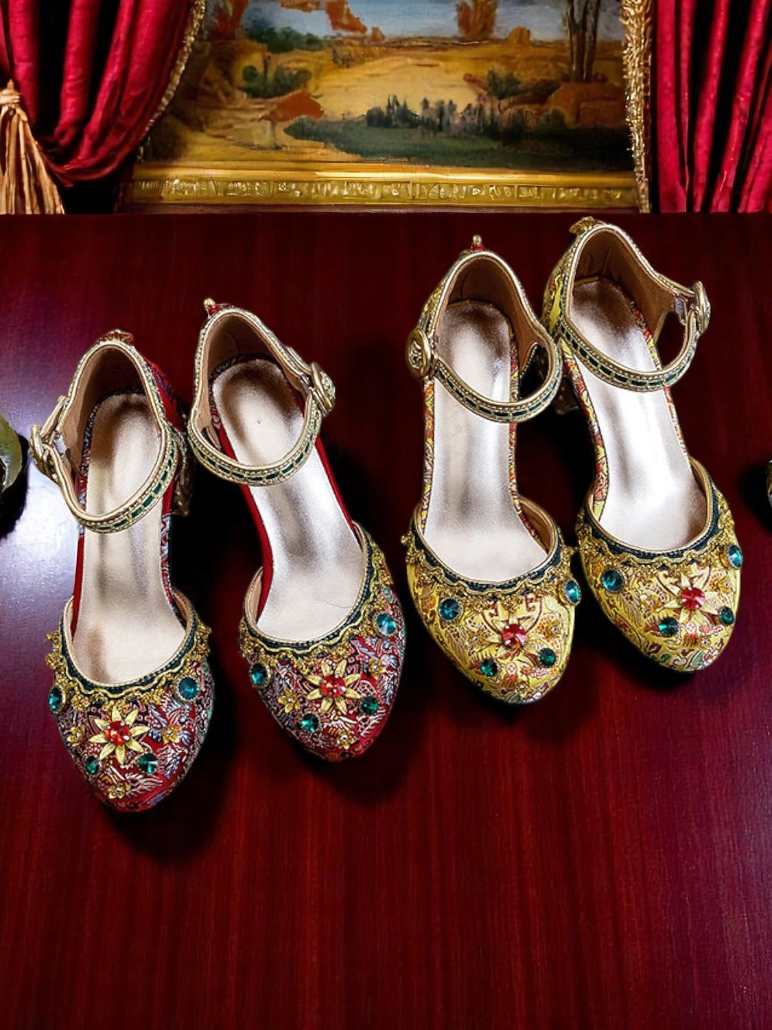 Tacones de bloque bordados barrocos de mujer estilo real dorado inspirado en el Gatsby de los años 1920 con adornos de piedras preciosas para ocasiones formales escénicas y de vestuario 2026 - $129.99 –P2
