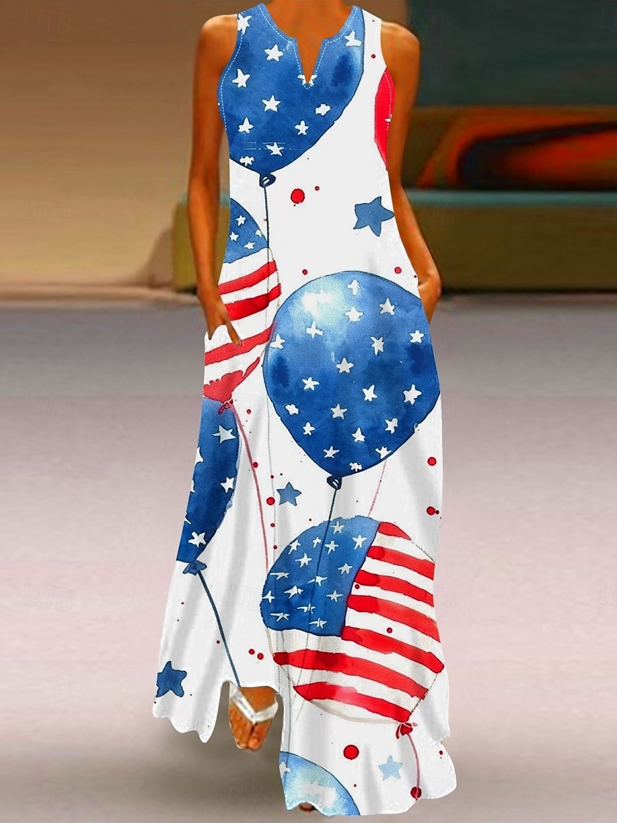 Independence Day Women's Patriotic Fourth of July Maxi Dress Shift Dress Summer Dress Casual Daily Holiday Regular Fit Flag Sleeveless Crew Neck Wine Red Navy Blue Blue Summer 2025 - $29.99 –P2