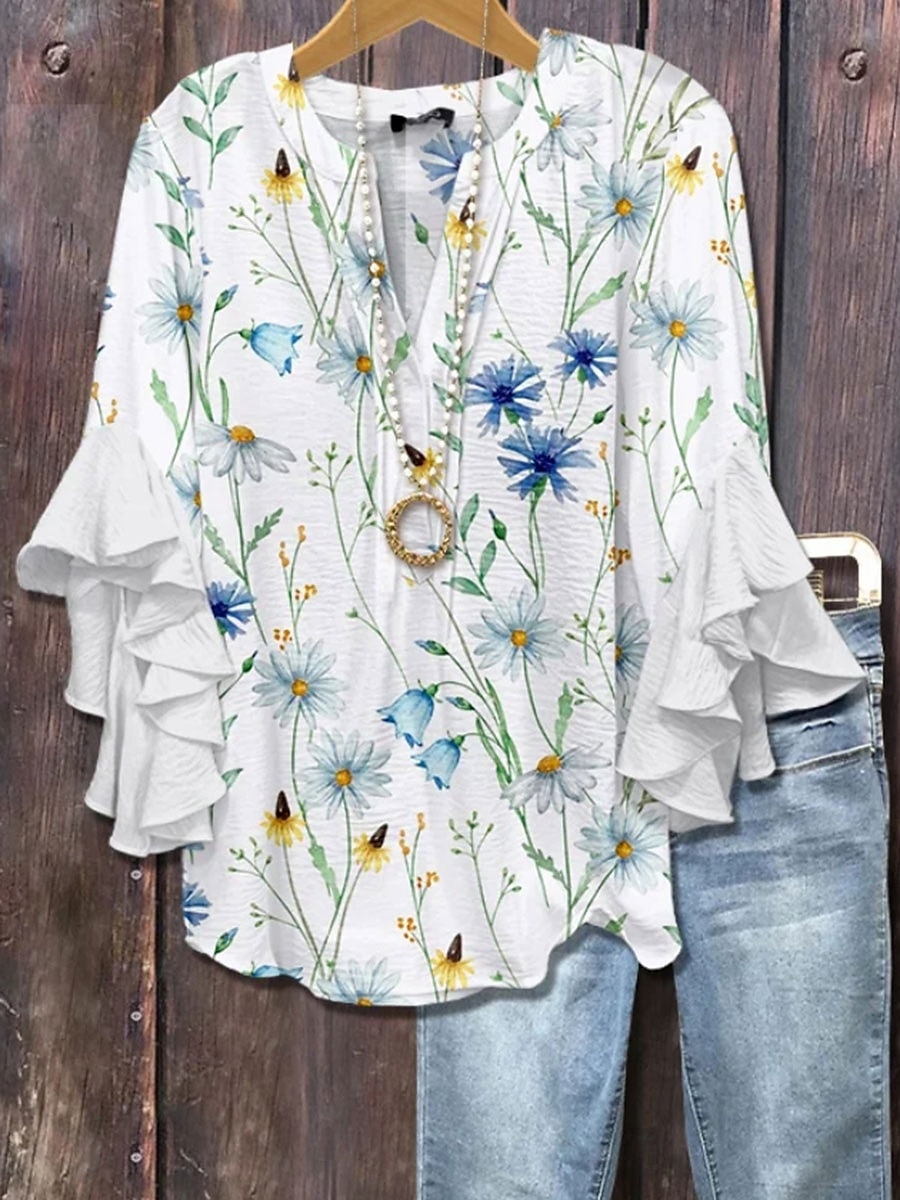 Women's Blouse V Neck Layered Ruffle Sleeve Tops Floral Graphic Vintage Daily Ethnic 3/4 Length Sleeve Regular Tops Daily Holiday Vacation Wear Print Pink Blue Purple Summer Spring 2026 - $32.99 –P2