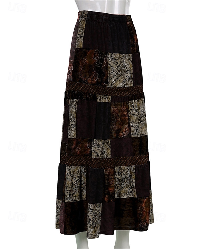 Per donna Gonna Linea A Svasato Casual Boho Maxi Vita Alta Gonne Blocco di colori Patchwork Vacanza Ferie Marrone Estate Poliestere del 2025 a $24.99 –P7