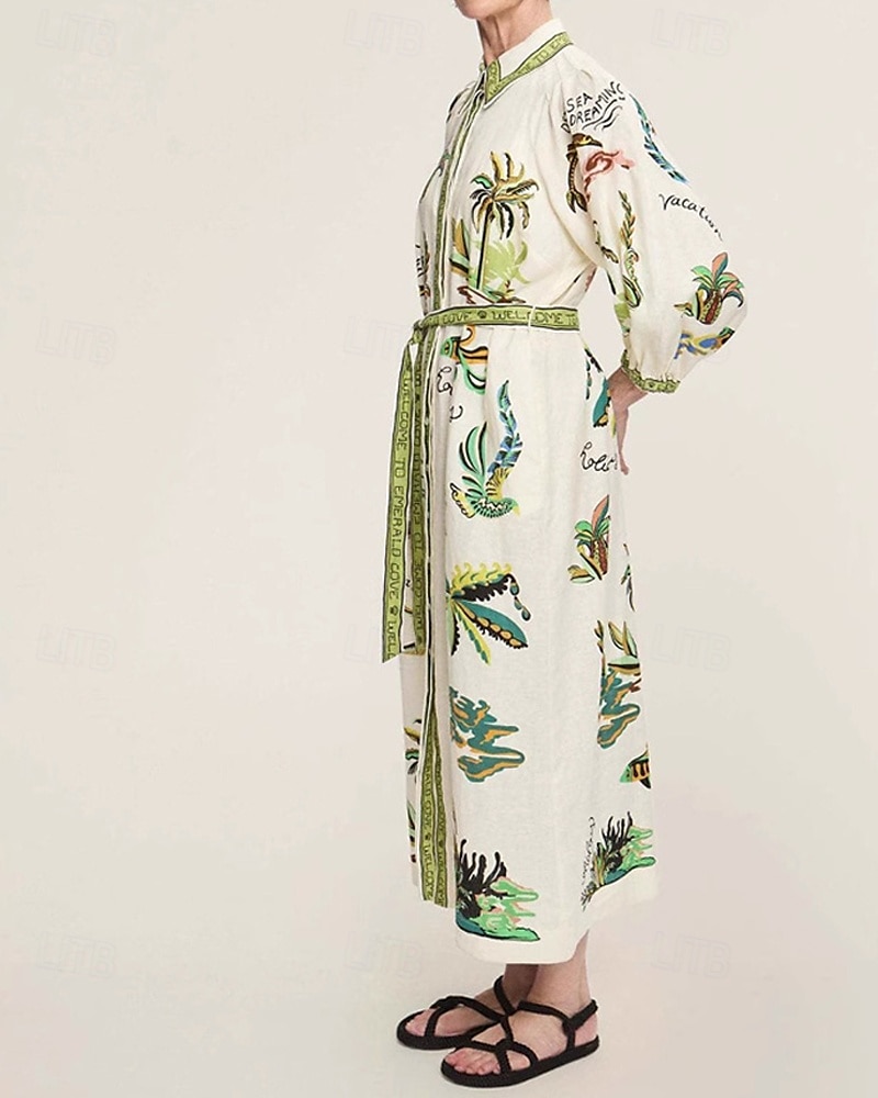 Femmes Robe Longue Maxi Robe Robes en coton et lin Robe Décontractée Mode Extérieur Soirée Fête Coupe régulière Fleur Manche 3/4 Col de chemise Vert Été de 2025 ? $42.99 –P2