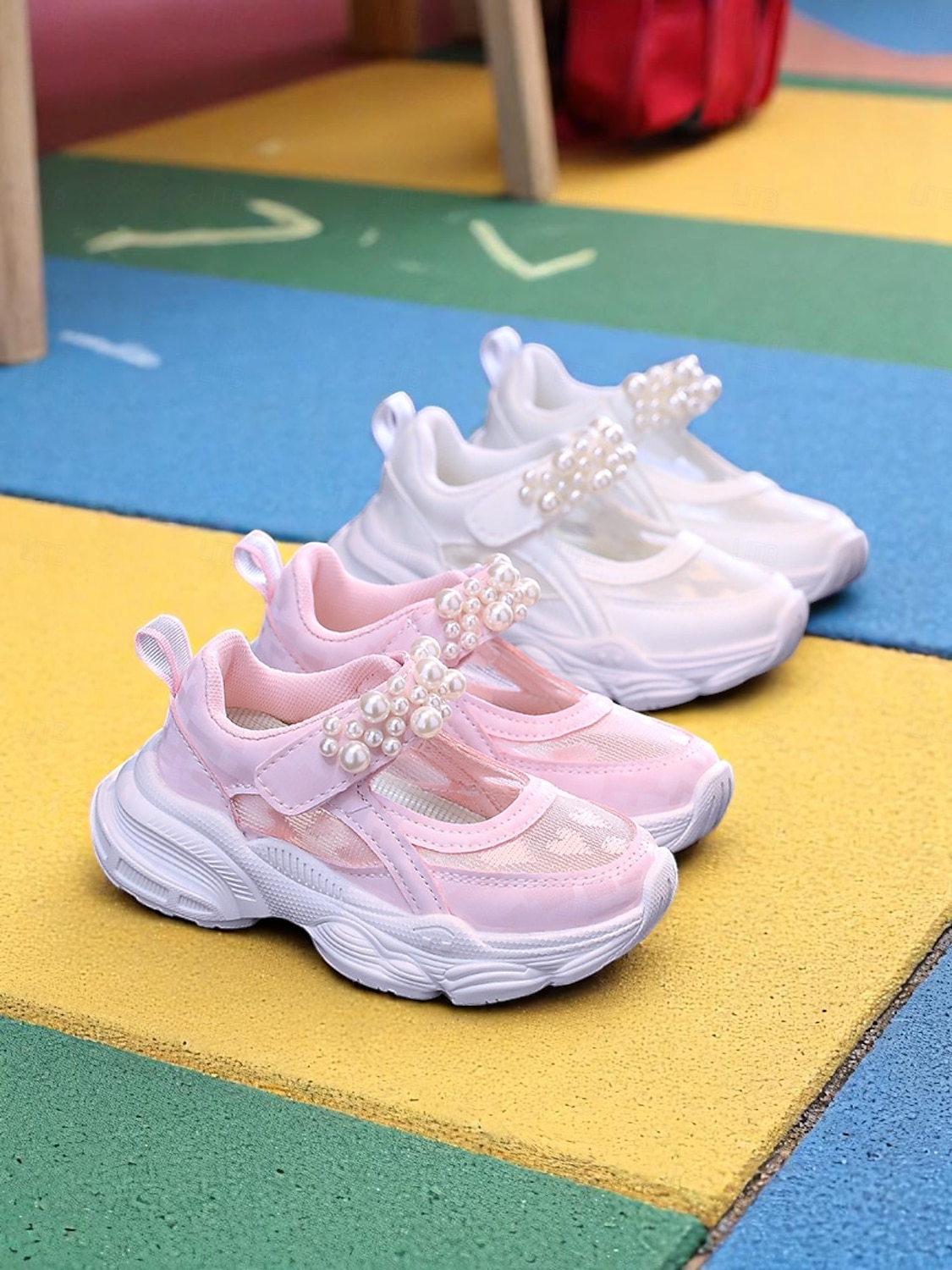 Rosa Mary Jane-sneakers i netting med perlemorrem til jenter – pustende, lette sportssandaler til skolestart, for lekeplass og hverdagsbruk 2025 - $24.99 –P2
