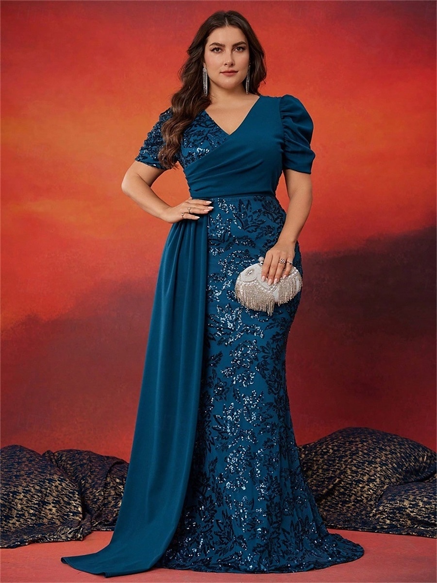 Meerjungfrau Trompete Plus Size Kleider Elegantes Kurvenkleid Formelles Hochzeitskleid Bodenlang Kurzarm V-Ausschnitt Pailletten mit Pailletten 2025 2025 - $169.99 –P3