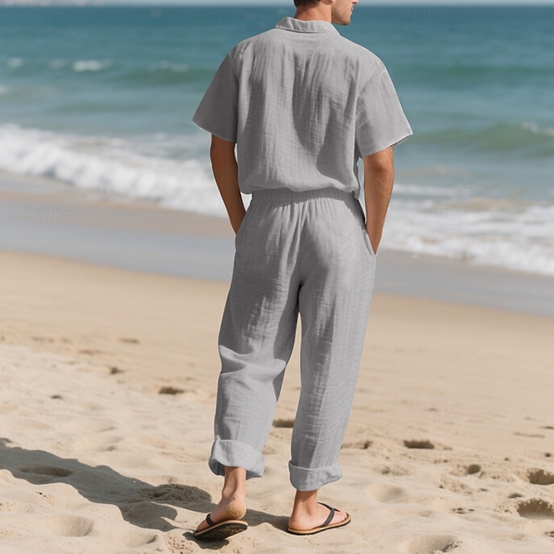 Men's Shirt Suits Shirt and Pant Sets 2 Pieces Outfits Short Sleeve Lapel Summer Plain Fashion Casual 2 Piece Vacation Daily Wear Going out Black White Khaki Top Tee for Men 2025 - $40.99 –P8