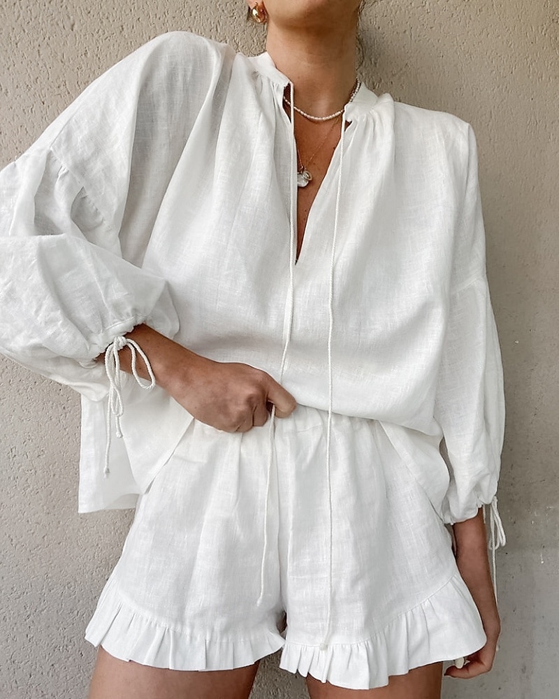 Femmes Actif Chemises en coton et lin Chemisier Ensembles de Shorts manche longue Col en V Couleur Unie Froncé Décontracté Quotidien Week-end Noir Blanche Rose Claire Été Coupe régulière de 2025 ? $24.99 –P1