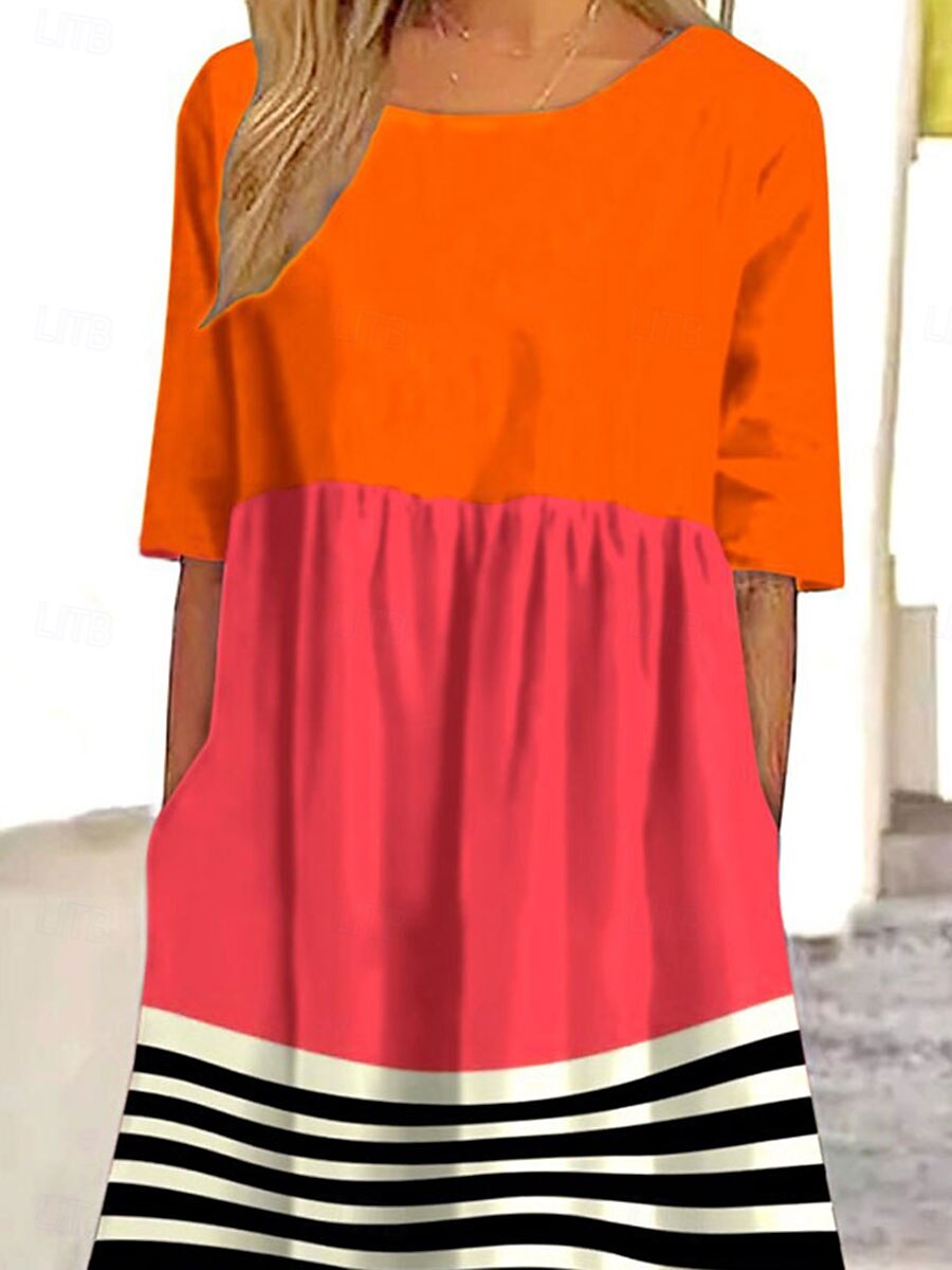 Per donna Abito Midi Abito a trapezio Abito Estivo Vacanza Casual Quotidiano Ferie Vestibilità comoda Grafico Geometrico A righe Mezza Manica Girocollo Rosso Estate del 2025 a $31.99 –P2