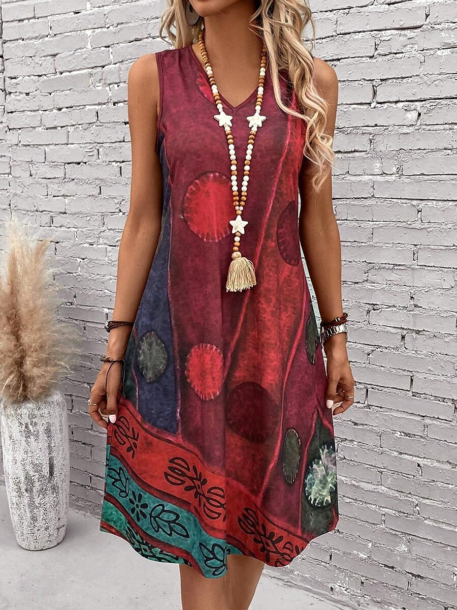 Damskie Sukienka mini Sukienka letnia Sukienka A line Letnie sukienki Urlop Codzienny Boho Regularny Graficzny Geometryczny Kolorowy blok Bez rękawów Dekolt w kształcie litery U Ciemnoczerwony 2025 - $21.99 –P4
