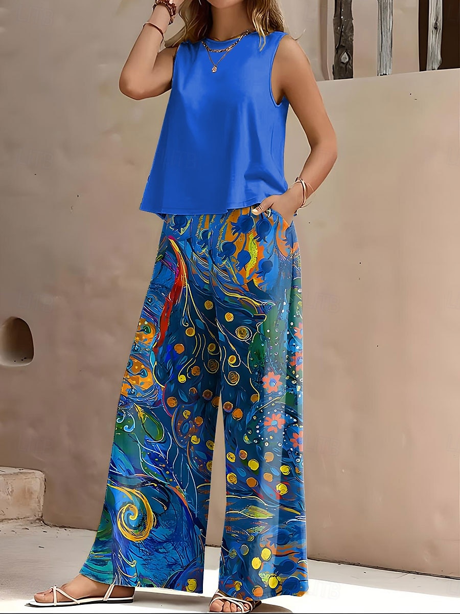 Damen 2 Teile Urlaub Tägliche Hosen Sets Ärmellos Rundhals Floral Grafik Lässig Täglich Schwarz Gelb Rot Sommer Weit Passform 2025 - $44.99 –P1