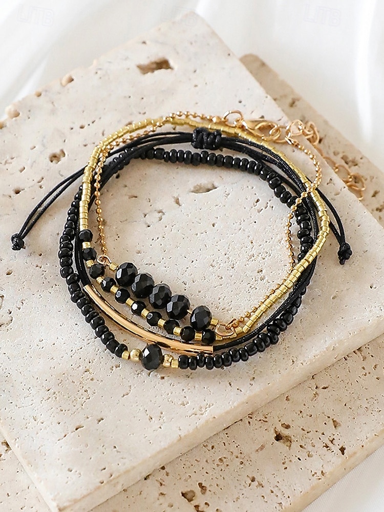 Set bohemian zwarte kralenarmbanden voor dames, met gouden versiering, verstelbaar, modieuze en trendy sieraden, geschikt voor dagelijks gebruik, op reis en voor feestjes 2025 - $9.99 –P5