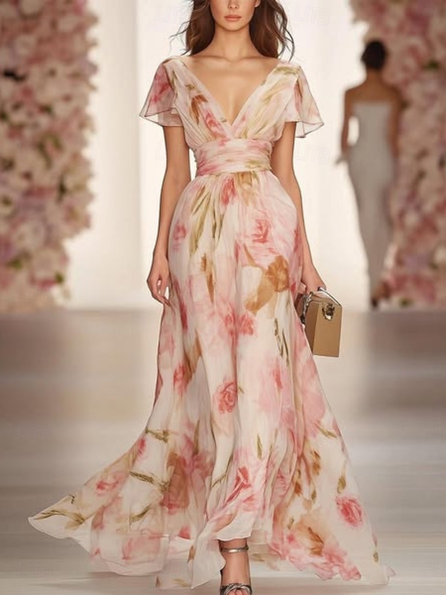 Women's Maxi Dress A Line Dress Casual Outdoor Going out Regular Fit Floral Graphic Short Sleeve V Neck Pink Summer 2025 - GBP £42.99 –P1