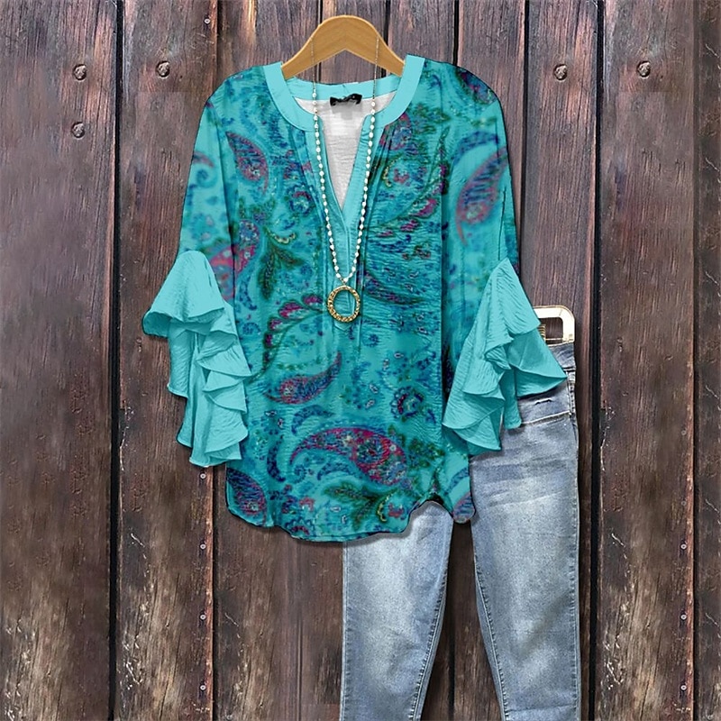 Damen T Shirt T-Shirt Blumen Grafik Mode Modern Halbarm V Ausschnitt Normale Oberteile Täglich Ausgehen Rüsche Druck Rosa Blau Braun Sommer Frühling 2025 - $23.99 –P3