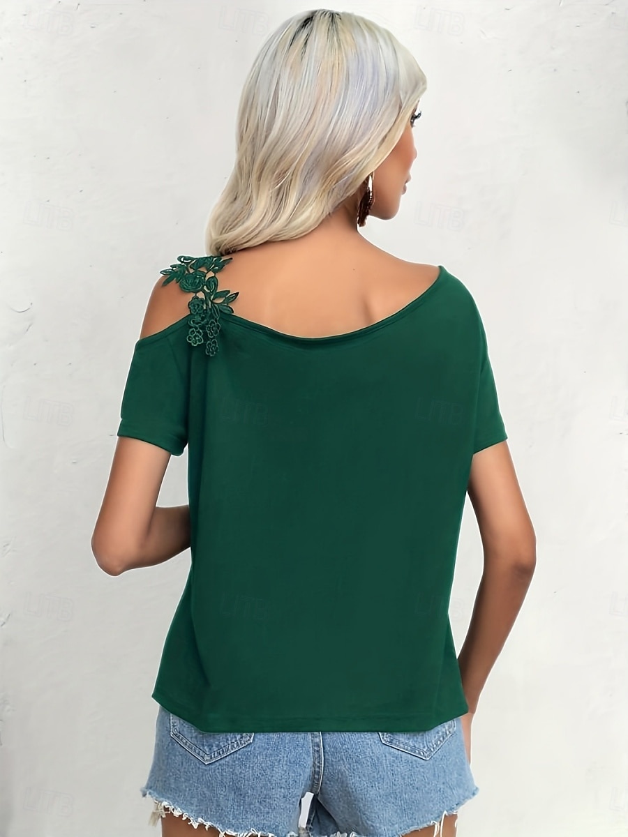 Damen T Shirt Einfach Mode Modern Lässig Kurzarm V Ausschnitt Normale Oberteile Täglich Wochenende Patchwork Bestickt Schwarz Weiß Braun Grün Sommer Frühling 2025 - GBP £15 –P20