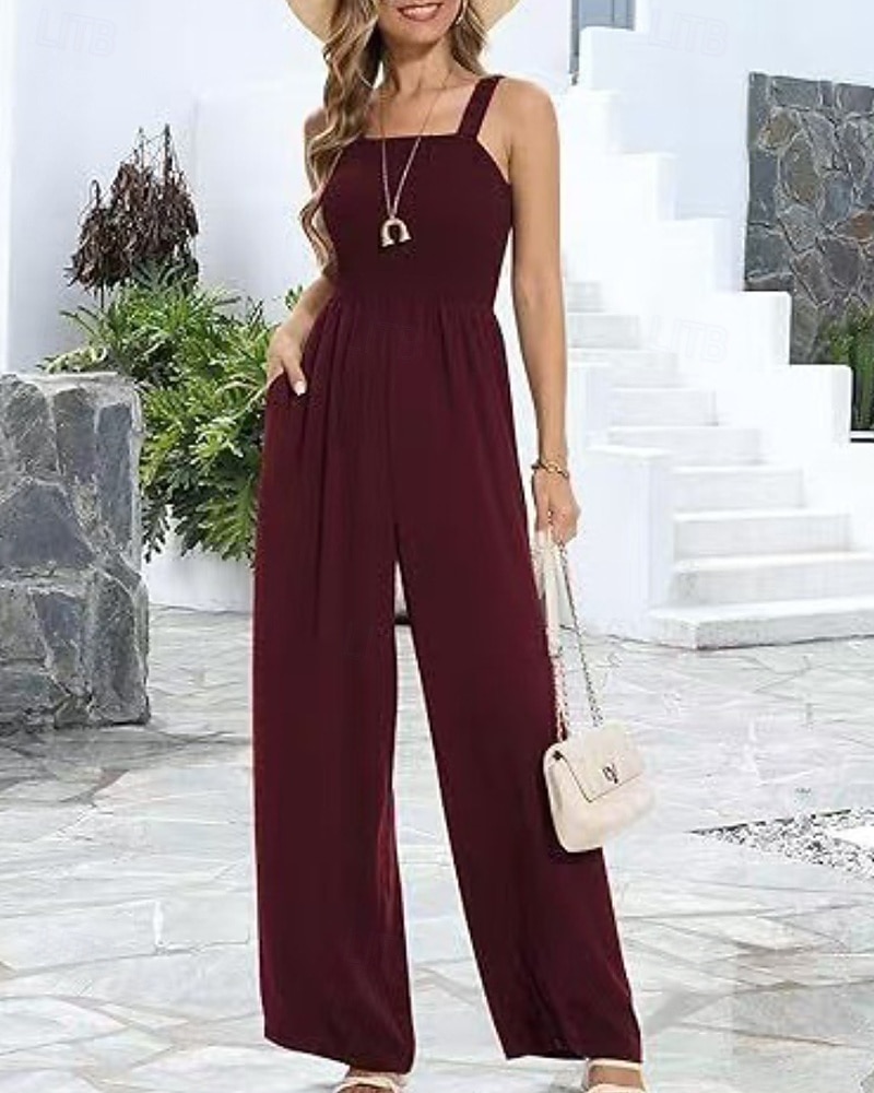Women's Normal Jumpsuit Streetwear Solid Color Sleeveless U Neck Pocket Street Daily Regular Fit Black Wine Navy Blue Summer 2026 - $31.99 –P5