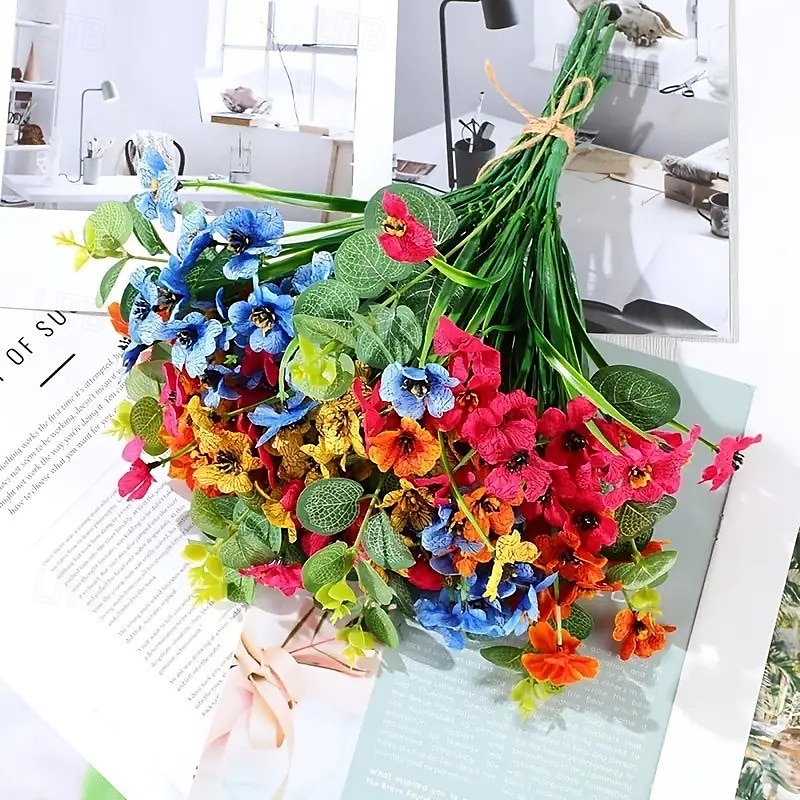 38 bunter kunstige blomster til utendørs bruk, imitert vårgressfiolett, silketrykte vannplanter, eukalyptusblader, UV-bestandig for hage, veranda, terrassedekor 2025 - $30.99 –P6