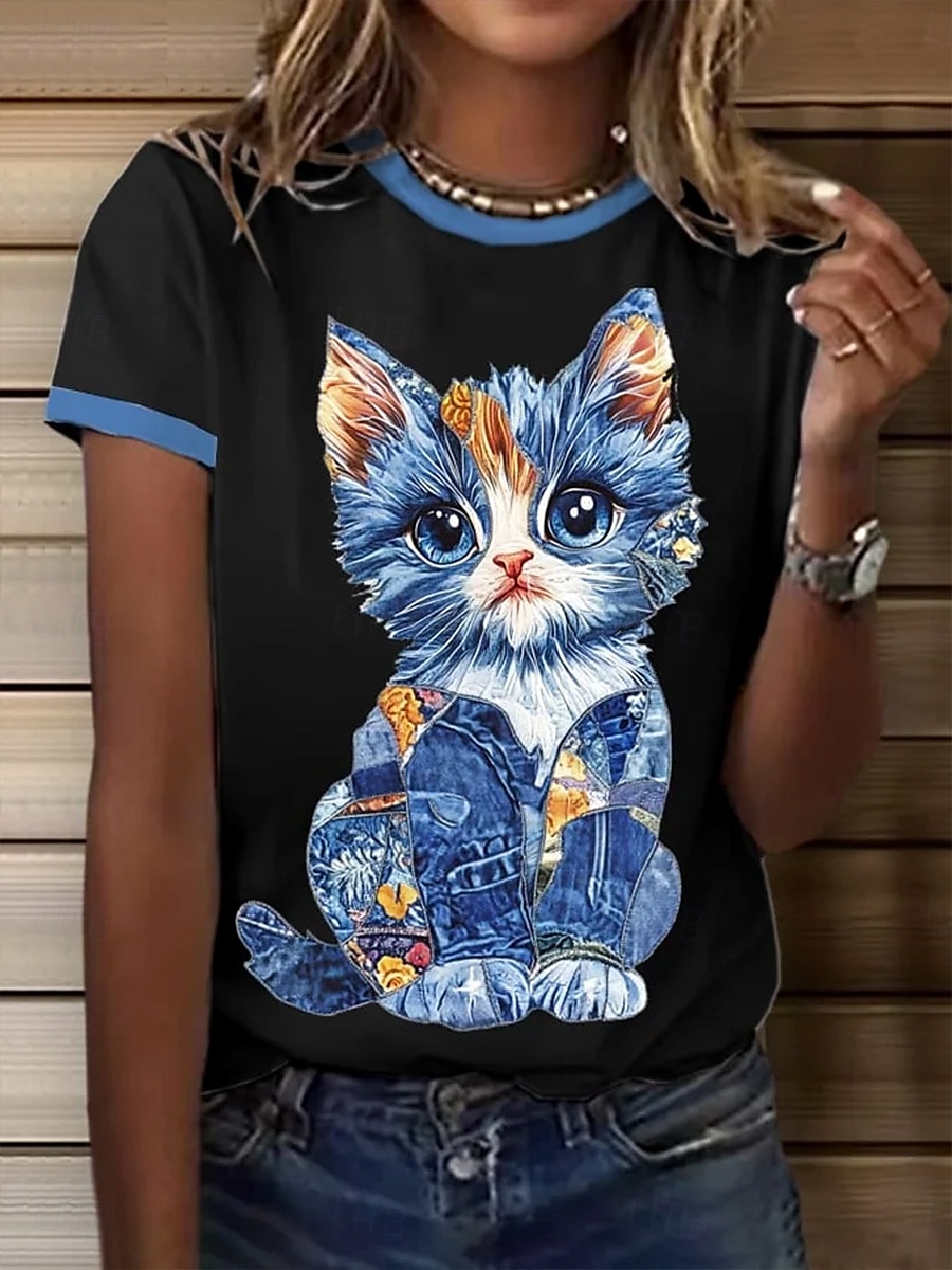 Dame T skjorte Grafisk Dyr Katt Årgang Stilfull Klassisk Kortermet Crew-hals Rund hals Vanlige topper Daglig Helg Trykt mønster Svart Hvit Blå lysegrå Sommer Vår 2025 - $19.99 –P4