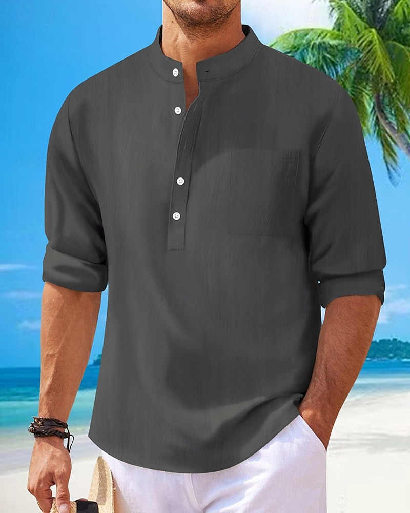 Herren Hemd Leinenhemd Popover-Hemd Freizeithemd Baumwollhemd Einfach Urlaub Hawaiianisch Schwarz Weiß Rosa Marineblau Langarm Stehkragen Frühling Herbst Bekleidung 2025 - $21.99 –P3
