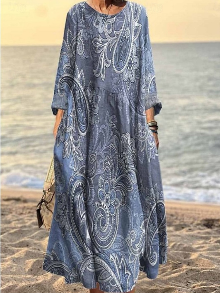Damskie Sukienka maxi Letnie sukienki Codzienny Codzienny Regularny Kwiaty Graficzny Geometryczny Długi rękaw Półgolf Rumiany róż Ciemnoróżowy Niebieski Zielony Lato 2025 - $36.99 –P4