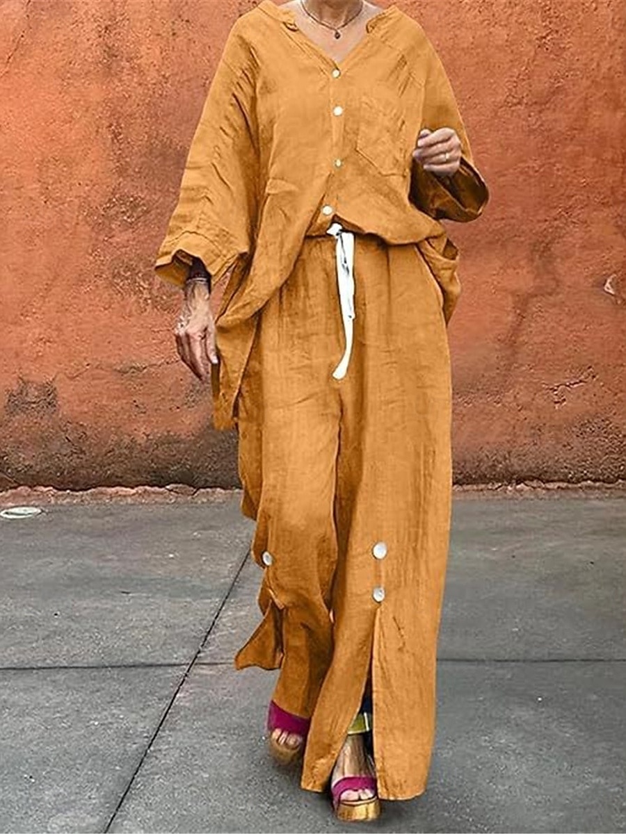 Femmes Actif Basique Ensembles en coton et lin manche longue Col en V Couleur Unie Décontracté Quotidien Noir Blanche Jaune Été Coupe régulière de 2025 ? $28.99 –P8