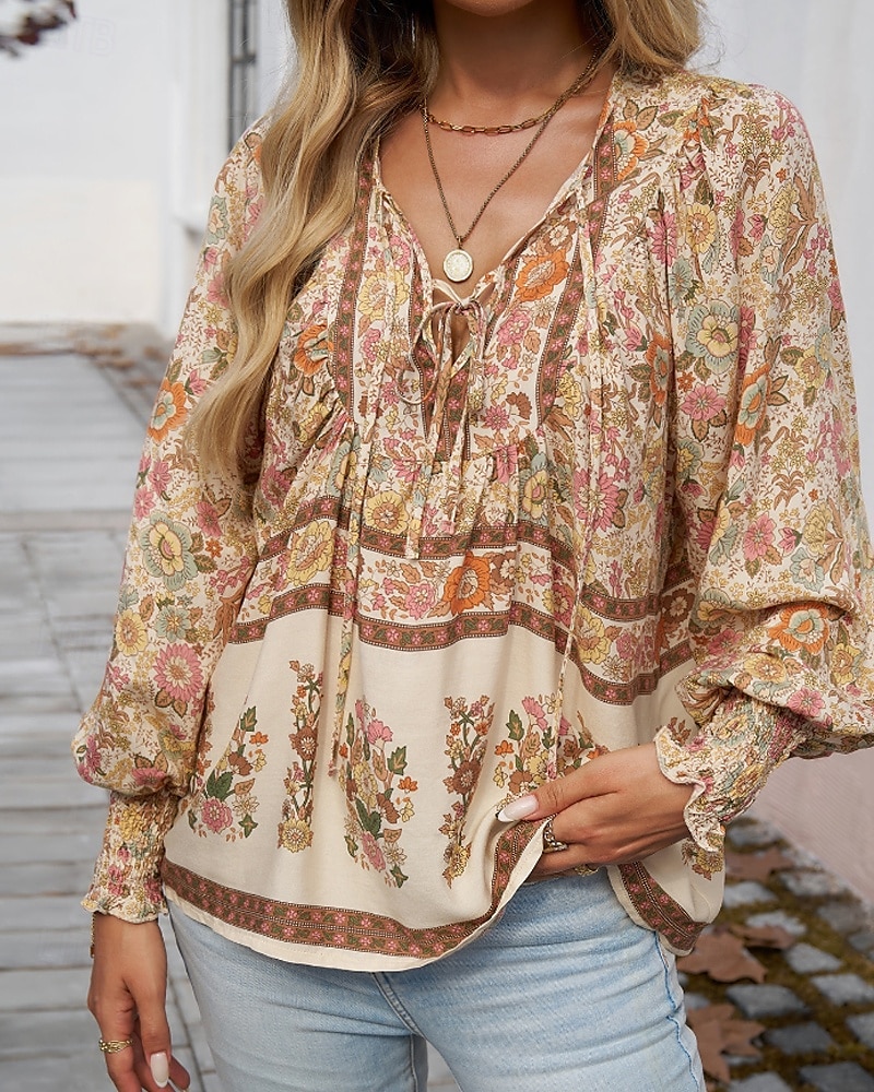 Women's Boho Shirt Blouse Flower Modern Boho Long Sleeve V Neck Regular Tops Daily Going out Print Yellow Pink Navy Blue Blue Orange Summer 2025 - $22.99 –P19