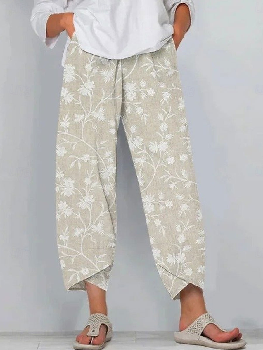 Women's Wide Leg Chinos Baggy Pants Vacation Vintage Ethnic Style Ankle-Length High Waist Floral Graphic Printing Thermal Warm Breathable Soft Micro-elastic Formal Vacation Street Beige Gray Summer 2025 - $20.99 –P1