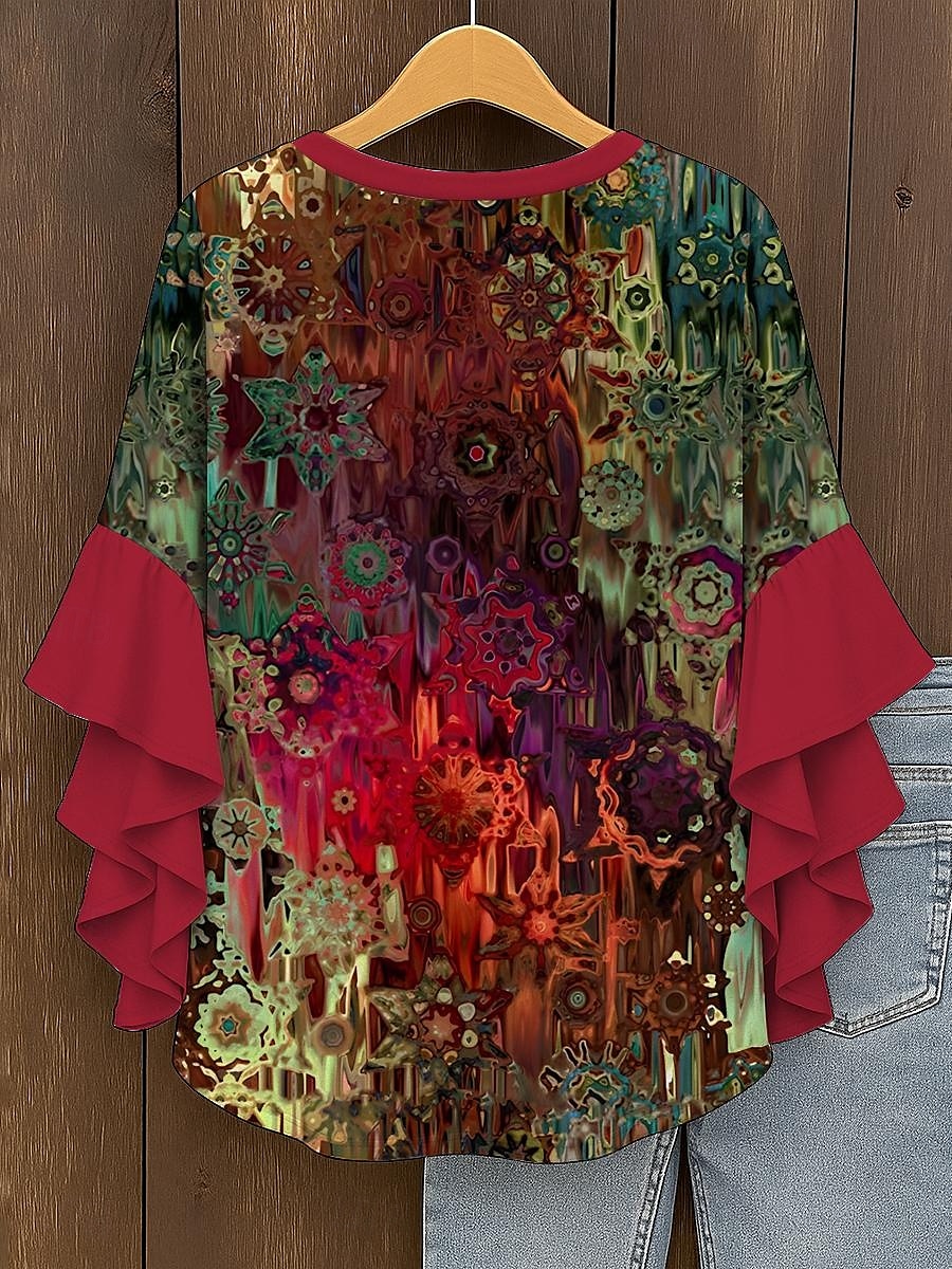 Damen Retro-Bluse mit geschichteten Rüschärmel Vintage Grafisch Abstrakt Bohemia Vintage Tägliche 3/4-Ärmel V-Ausschnitt Reguläre Tops Tägliche Urlaubsferien Bekleidung Print Rot Blau Lila Grün Sommer 2025 - $29.99 –P2
