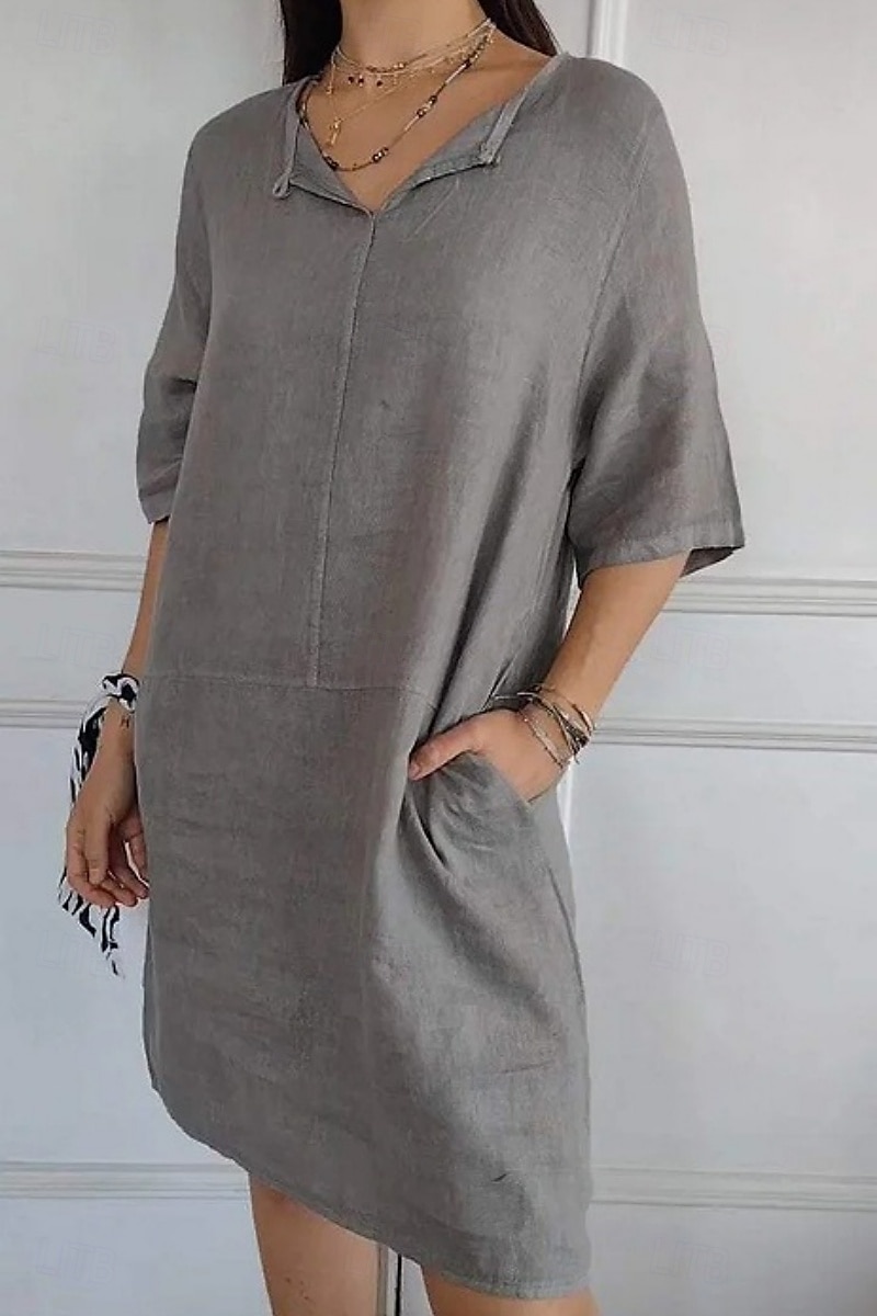 Femmes Mini Robe Robes en coton et lin Robe Décontractée Robe d'été Basique Moderne Quotidien Week-end Coupe régulière Uni Manche 3/4 Col en V Noir Blanche Marron Gris Été de 2025 ? $22.99 –P3