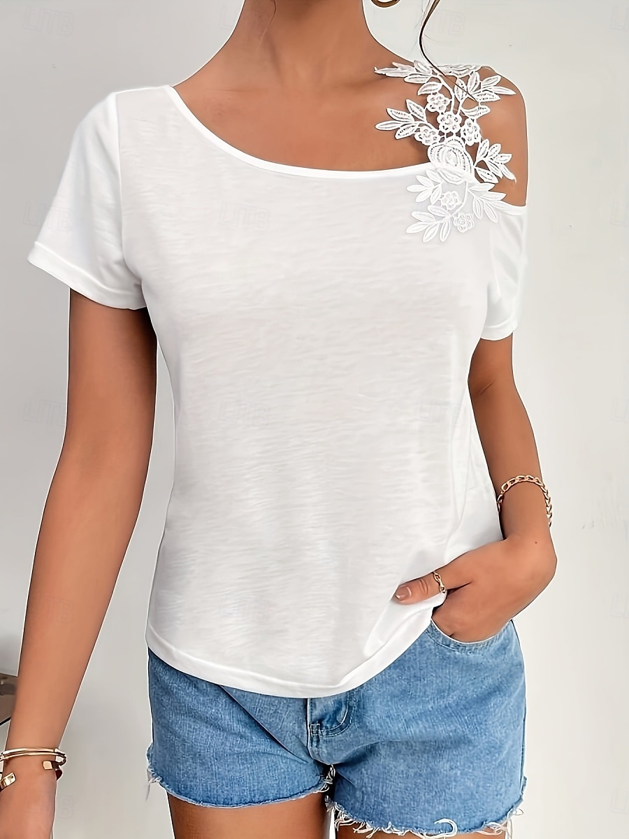 Damen T Shirt Einfach Mode Modern Lässig Kurzarm V Ausschnitt Normale Oberteile Täglich Wochenende Patchwork Bestickt Schwarz Weiß Braun Grün Sommer Frühling 2025 - GBP £15 –P6