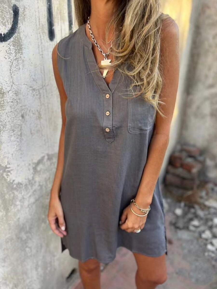 Femmes Mini Robe Robes en polycoton et lin texturé Robe Décontractée Robe débardeur Robe d'été Basique Quotidien Week-end Coupe régulière Uni Sans manches Col en V Noir Blanche Bleu Gris Été de 2025 ? $26.99 –P8