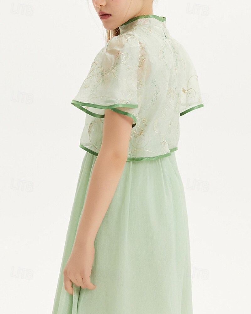 Kids Girls' Dress Solid Color Short Sleeve Outdoor Mesh Patchwork Adorable Polyester Knee-length Casual Dress Summer 4 years+ Green 2025 - $64.99 –P5
