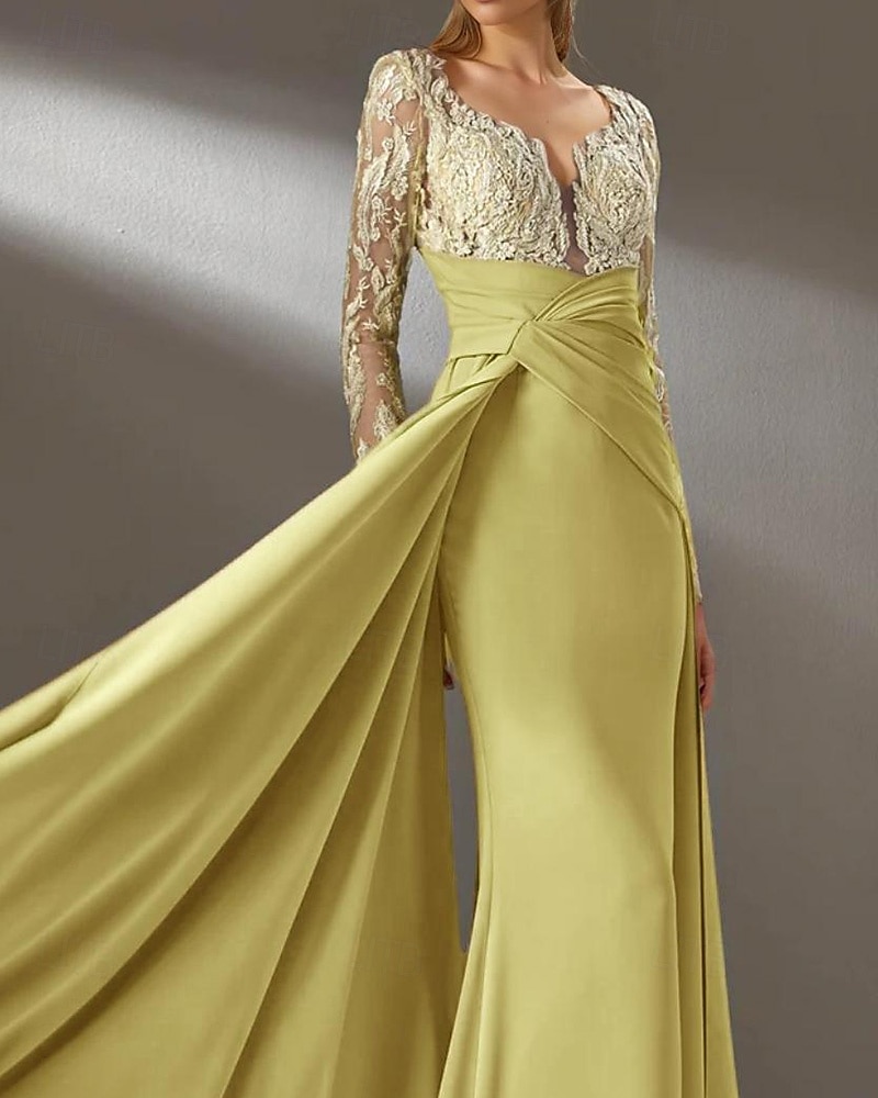 gelbes Kleid Meerjungfrau / Trompete Abendkleid elegantes Kleid formelle Hochzeit Sweep / Pinsel Schleppe lange Ärmel V-Ausschnitt Chiffon gerüschte Details mit Perlen Stickerei Applikation 2025 2025 - $169.99 –P3