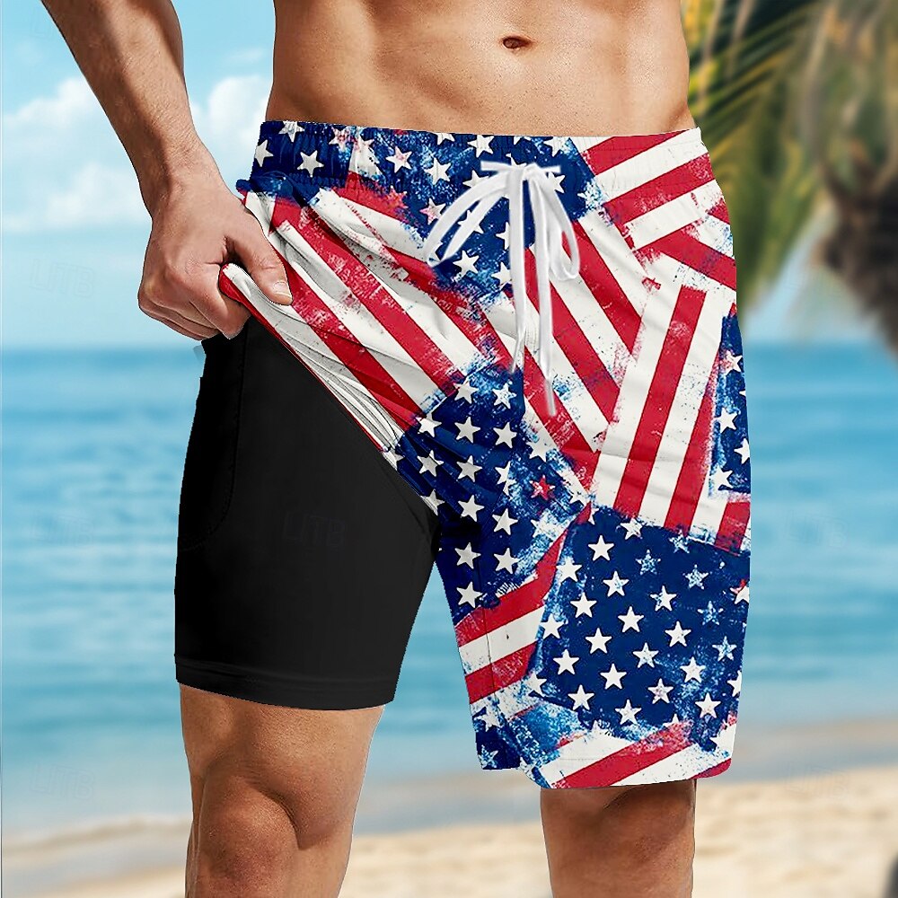 2025年 アメリカ独立記念日 男性用 米国旗 愛国 裏地付きショートパンツ 2 in 1 スイムショーツ スイムトランク ミディアムウエスト 祝日 サイドポケット コンプレッションライナー付き 伸縮性のあるドローストリングウエスト デザイナー 衣類 コレクション – $21.99 –P1