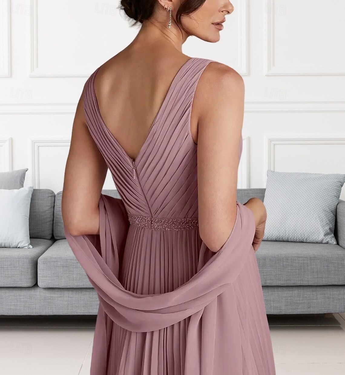 Ligne A Robe de Mère de Mariée  robe demoiselle d honneur Élégant Col en V Longueur au sol Chiffon Sans manches Echarpe incluse avec Perlage Fronces 2025 de 2025 ? $164.99 –P5