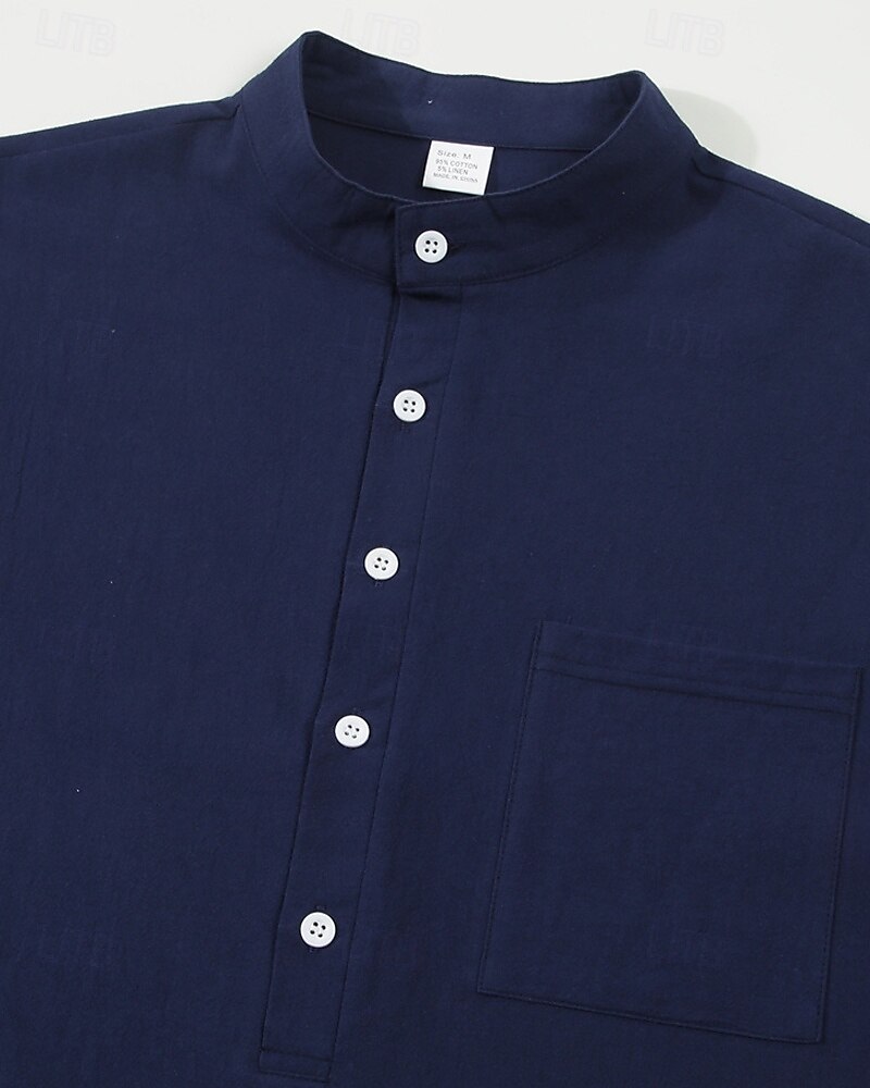 Herren Hemd Leinenhemd Popover-Hemd Freizeithemd Baumwollhemd Einfach Urlaub Hawaiianisch Schwarz Weiß Rosa Marineblau Langarm Stehkragen Frühling Herbst Bekleidung 2025 - $21.99 –P10