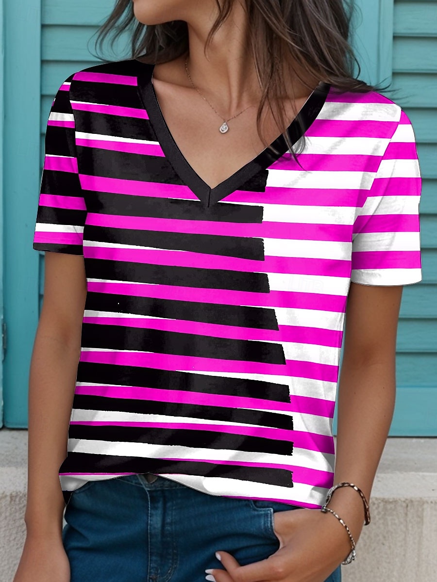 Pentru femei Tricou Grafic Geometric Epocă Stilat Modern Manșon scurt În V Topuri obișnuite Zilnic Imprimeu Fucsia Vară Primăvară 2025 - $19.99 –P1
