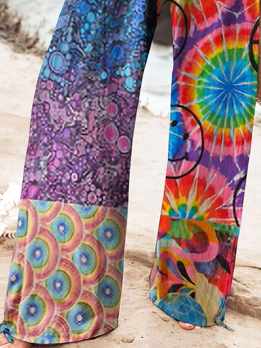 Women's Wide Leg Chinos Baggy Pants Vacation Vintage Fashion Full Length High Waist Graphic Geometric Color Block Printing Micro-elastic Formal Vacation Street Robin's Egg Blue Summer Spring Regular 2025 - $24.99 –P3