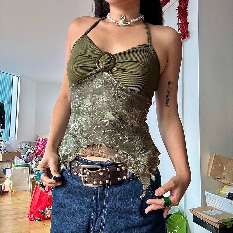 Pentru femei Cămașă Boho Bluză Floare Modern Boho Fără manșon Gâtul halter Topuri obișnuite Zilnic Concediu Ieșire Imprimeu Maro Trifoi Vară 2025 - $21.99 –P2